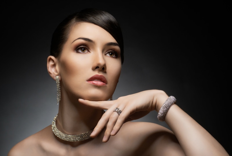 jewelry, earrings, luxury, bracelet, front view, colored, necklace, studio shot, black background, airelle, fashion, glamour, silver, s, ring, one person