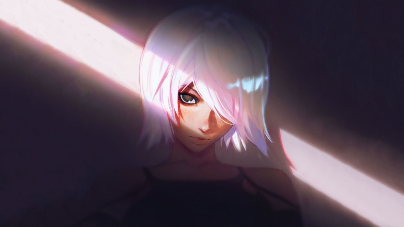 white hair, 1080P, Ilya Kuvshinov, a beam of light, bangs, face, portrait of a girl, look at the camera