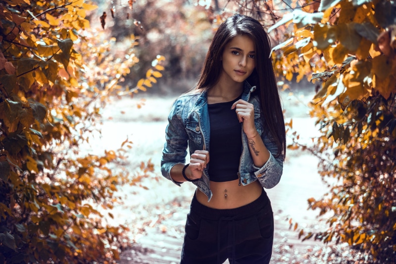 1080P, black clothing, belly, denim, tattoo, women, pierced navel
