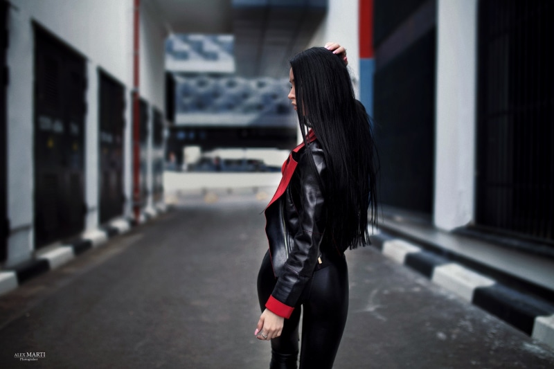 portrait, depth of field, back, alex marti, leather jackets, 2K, women, leather leggings, black jackets, Anastasia Rumiantseva, wet clothing, black hair