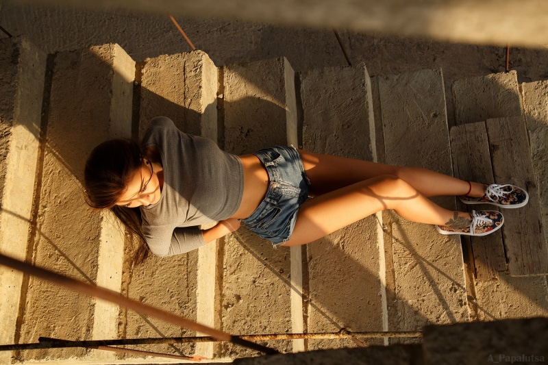 leisure activity, pierced navel, lifestyles, casual clothing, nature, sneakers, teenager, jean shorts, high angle view, stairs, Anton Papalutsa, portrait