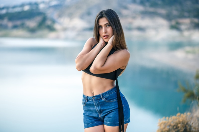 beauty, leisure activity, jean shorts, belly, water, nature, beautiful woman, women outdoors, 1080P, portrait, pierced navel, adult, hairstyle, real people