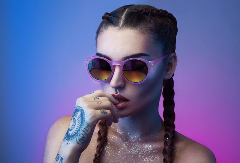 drinking, tattoo, face, purple, girls, women, front view, colored background, 1080P, hair, fashion, sunglasses, glasses, headshot, model, beautiful woman