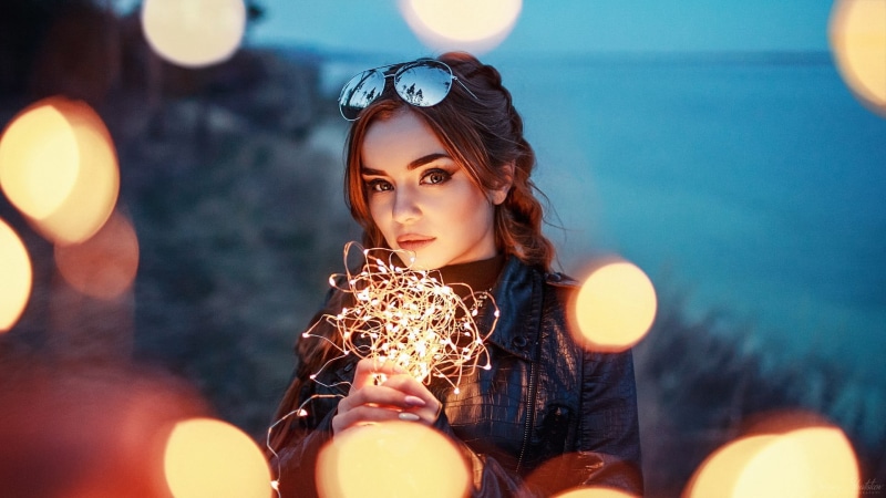 teenager, lifestyles, beauty, women outdoors, black, women, young adult, sunglasses, night, headshot, leather, jacket, adult, light, hair, Sergey Shatskov