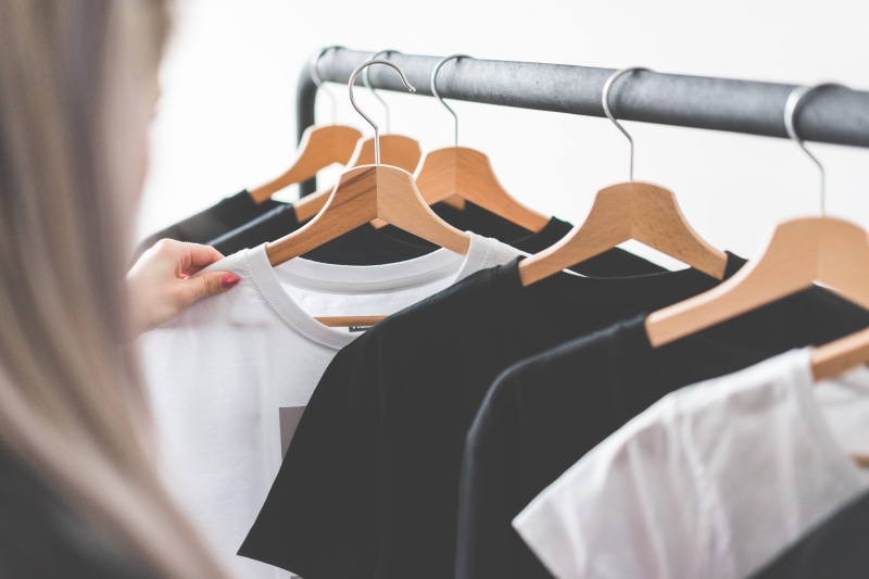 T-Shirts, Clothing, Store, indoors, wooden, tees, adult, closet, selling, 4K, fashion, business, women, room for text, Shopping, garment, hanging, choosing