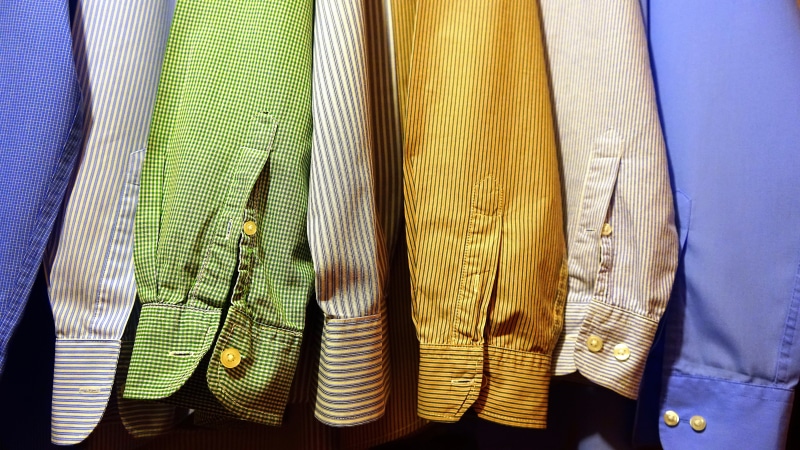 business, purple, retail display, closet, indoors, garment, hanging, menswear, wear, long, multi colored, modern, variety, cotton, white, rack, no people