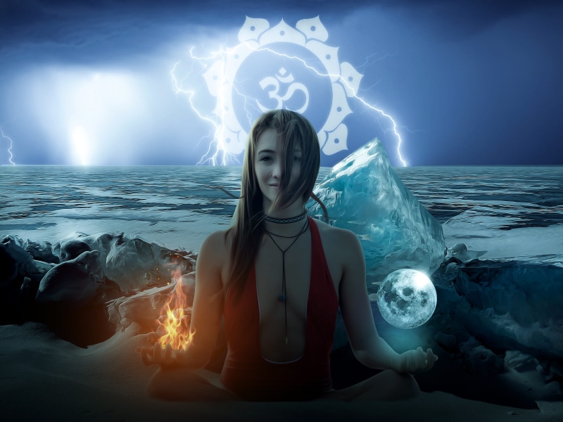 om, young, haired, illuminated, real people, beauty, portrait, music, fantasy portrait, rave, zen, female, om symbol, lightning, flame, snow, water, hand