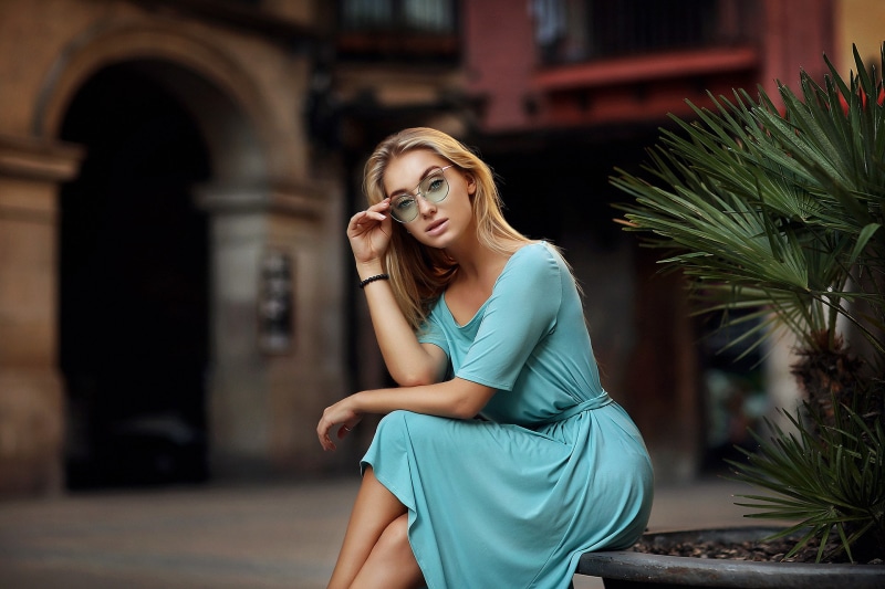 sitting, women, blonde, women with glasses, dress, portrait, Dmitry Arhar, 1080P