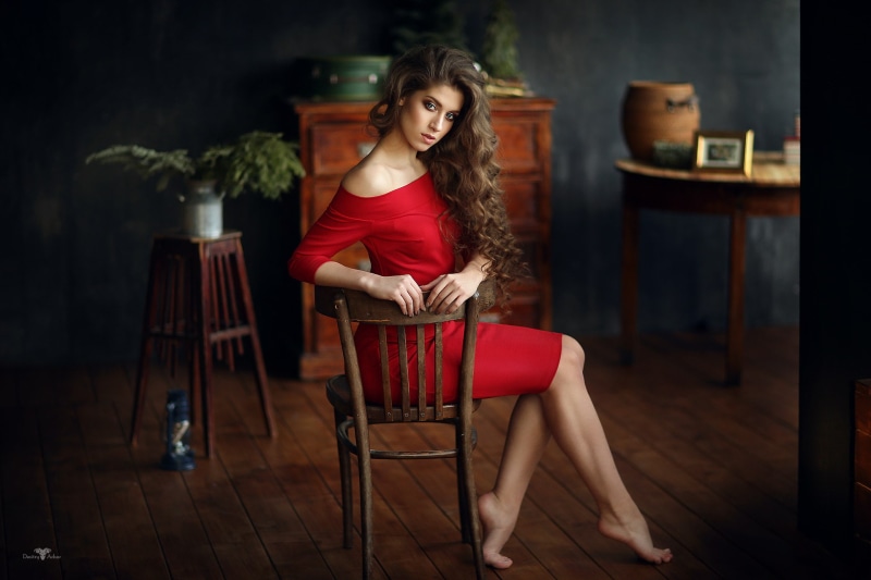 barefoot, dmitry, chair, curly hair, 1080P, red dress, dress, dmitry arhar, red, women, portrait, curly, sitting, arhar, hair