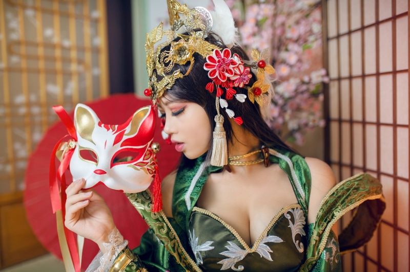 hairstyle, mask, image, face, shoulders, style, pose, headdress, cosplay, cat, portrait, hand, costume, closed eyes, turn, decoration, chest, background