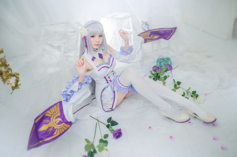 bangs, blonde, symbol, hands, flowers, stockings, gesture, cutie, petals, floor, cosplay, look, shoes, white, long-haired, chest, fabric, light background