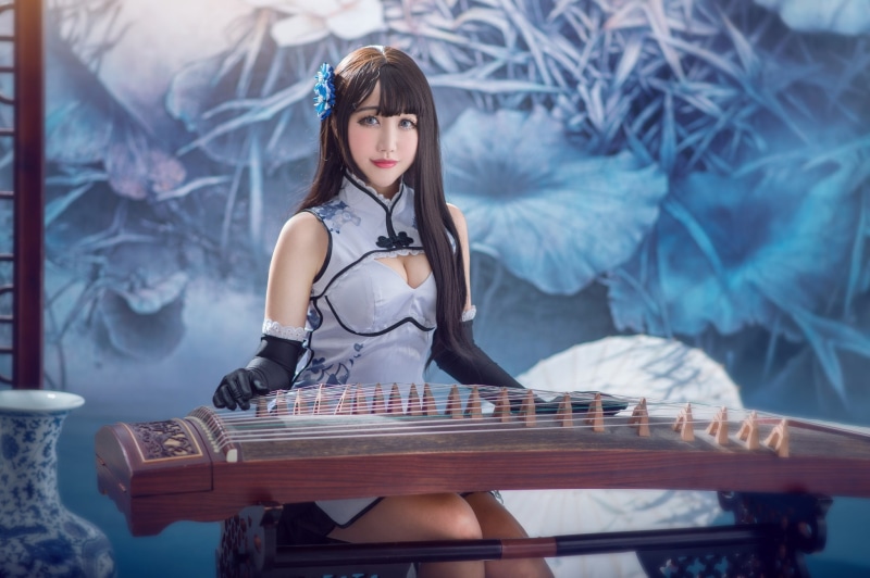 pose, musical instrument, strings, the game, sitting, background, cutie, music, brunette, costume, room, blue, hands, style, face, dress, chest, look, girl