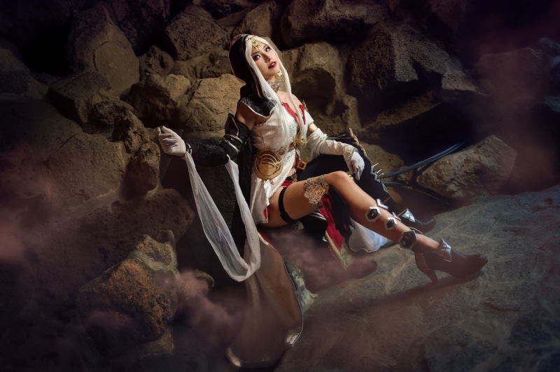 image, girl, boulders, rocks, white hair, warrior, sword, look, beauty, the girl-soldier, elf, figure, sitting, outfit, the dark background, weapons, Asian