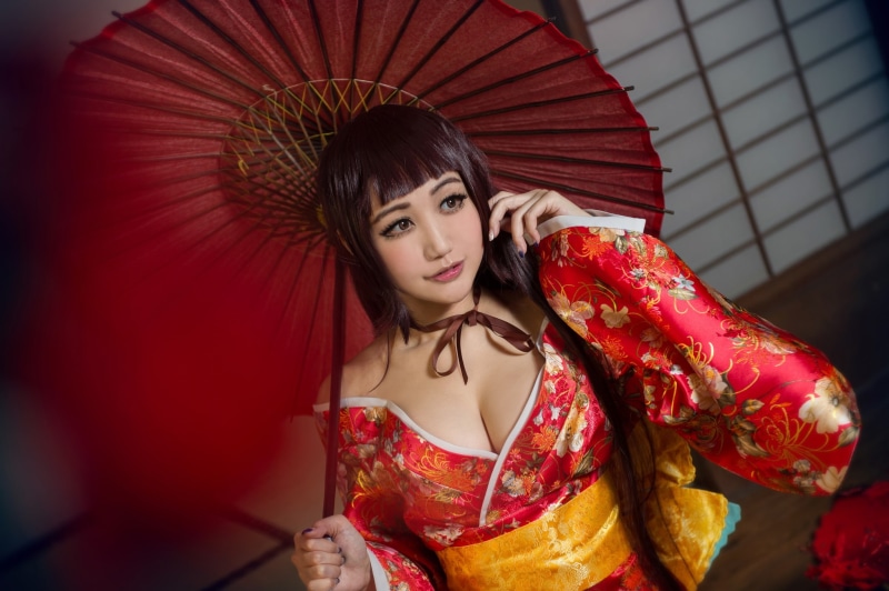 eyelashes, cutie, style, cosplay, kimono, hairstyle, bangs, yellow, bow, Asian, blur, makeup, neckline, dress, hands, pose, face, costume, red, portrait