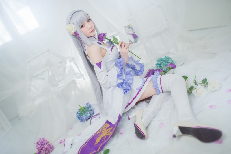lilac, elf, purple, stockings, room, sitting, face, Asian, hydrangea, interior, pose, window, girl, cutie, image, outfit, floor, young, light background