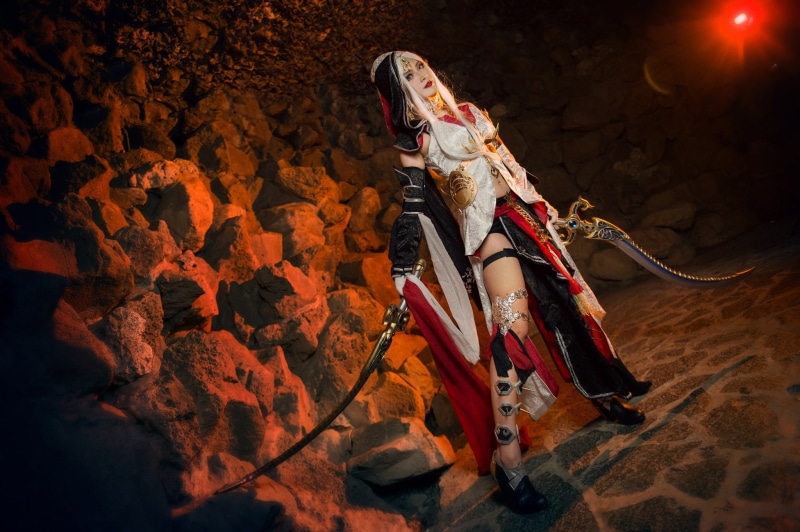 cosplay, the girl-soldier, girl, is, blonde, white hair, outfit, figure, image, floor, warrior, look, shoes, 1080P, light, style, stone wall, militant