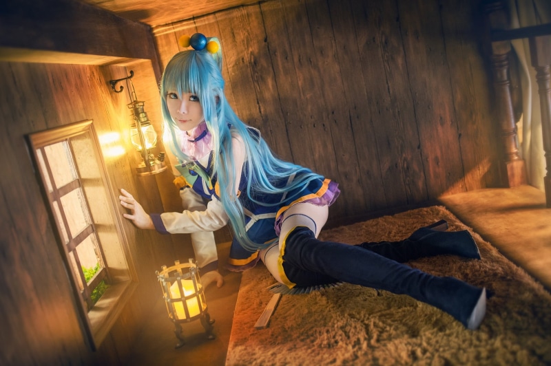 tree, hands, light, makeup, style, the room, blue hair, pose, character, 1080P, costume, carpet, sitting, look, cosplay, face, floor, cutie, Asian, wall