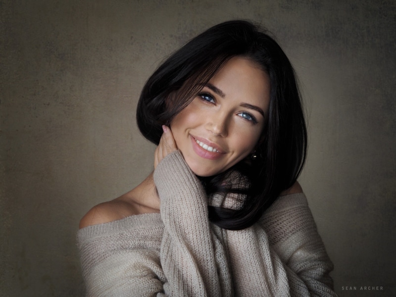 young adult, hands in hair, bare shoulders, Sean Archer, 720P, emotion, women, hairstyle, looking at viewer, looking at camera, headshot, hair, toothy smile