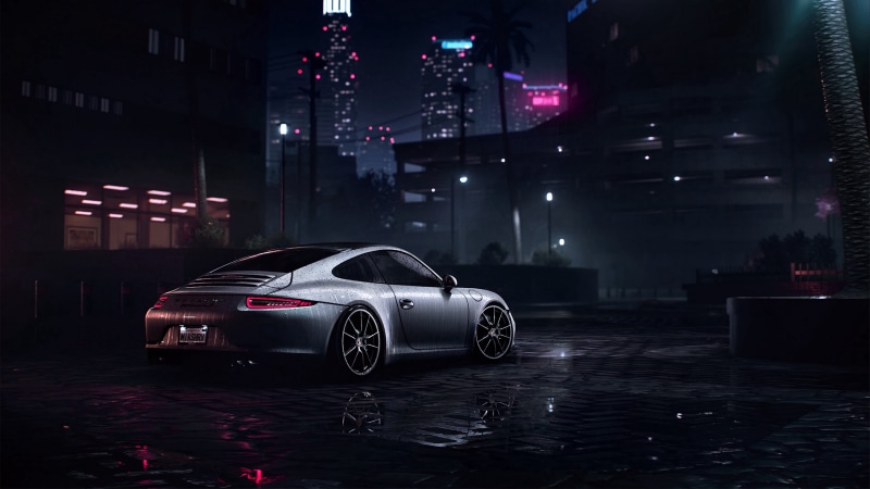 Video Game Art, cityscape, Porsche 911 Carrera S, dark, night, video games, city lights, urban, side view, Need for Speed, Mikhail Sharov, Porsche, vehicle