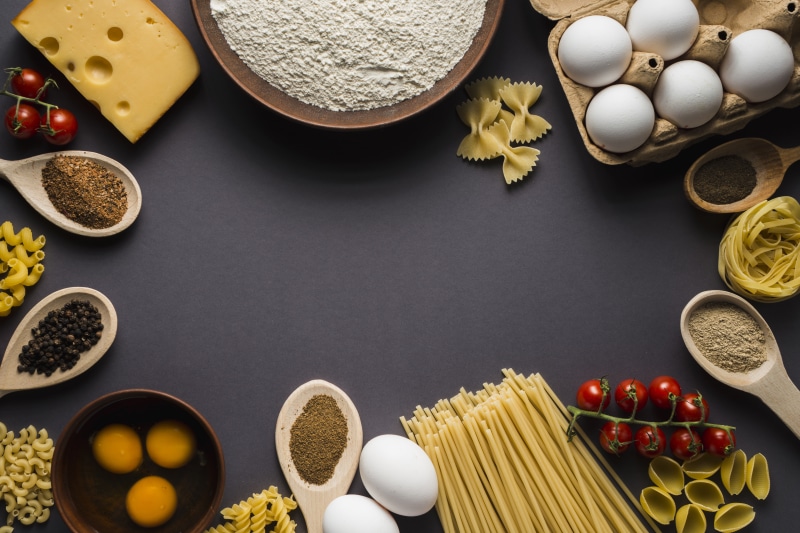 pasta, eggs, spaghetti, 5K, still life, food, linguini, flour, tomatoes, farfalle, noodles, cheese