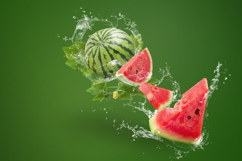 background, splash, slices, water, squirt, green, watermelon, 5K