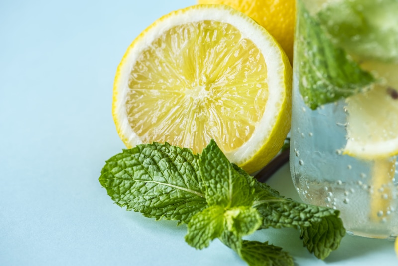 indoors, colored background, drink, healthy, lime, infused water, leaf, close-up, orange, mint, wellbeing, slice, cross section, healthy eating, ripe, food