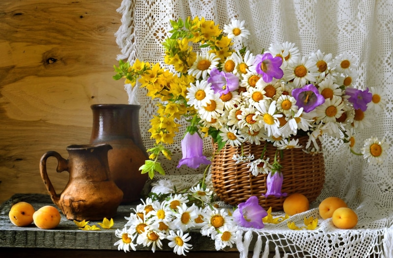 bouquet, nature, white, vulnerability, fragility, flowers, basket, chamomile, no People, dishes, beauty in nature, food, wood - Material, loosestrife, 1080P