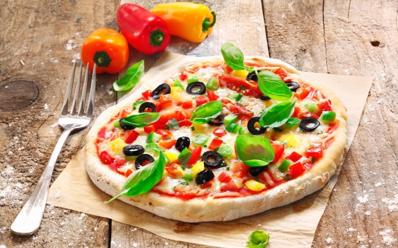edible Mushroom, pepper, high angle view, 720P, slice, tomatoes, italian Cuisine, italian Culture, peppers, baked, pepperoni, red, still life, mozzarella