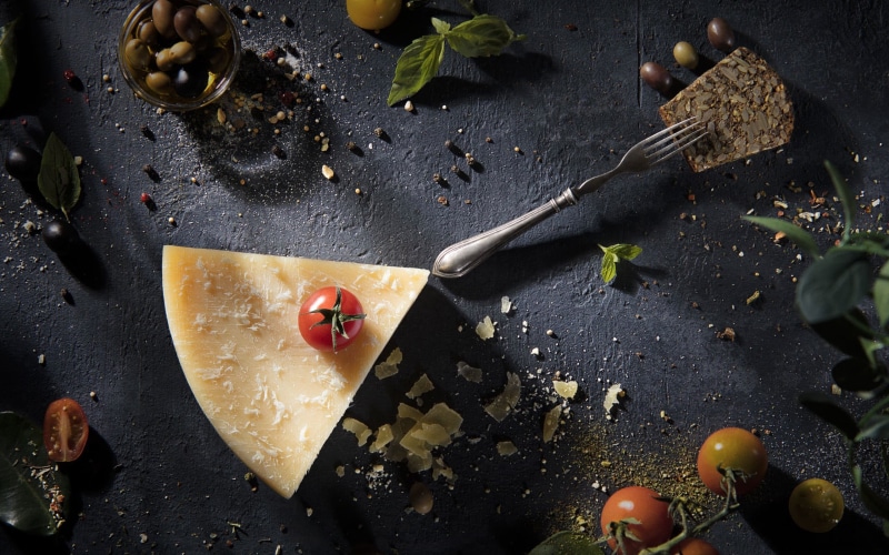 fruit, table, 2K, high angle view, freshness, herb, directly above, cheese, table knife, tomatoes, food and drink, preparation, preparing food, no people