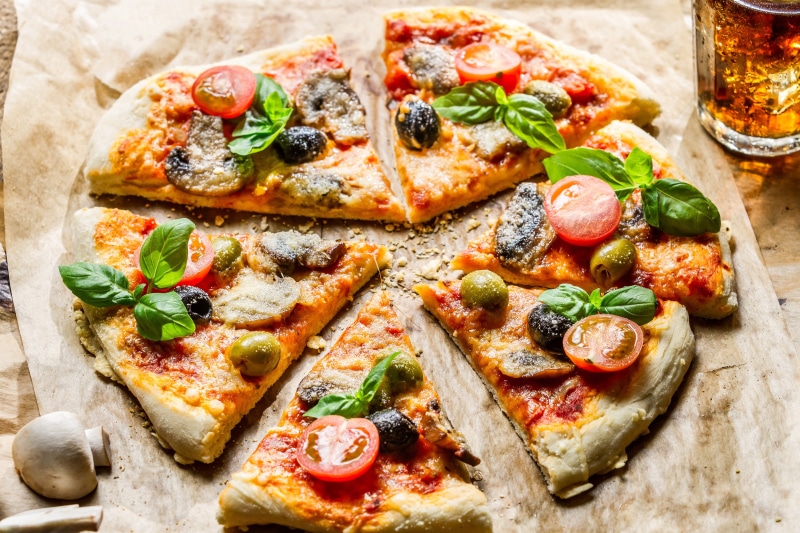 food, slices, olives, cherry tomatoes, 4K, mushrooms, basil, pizza