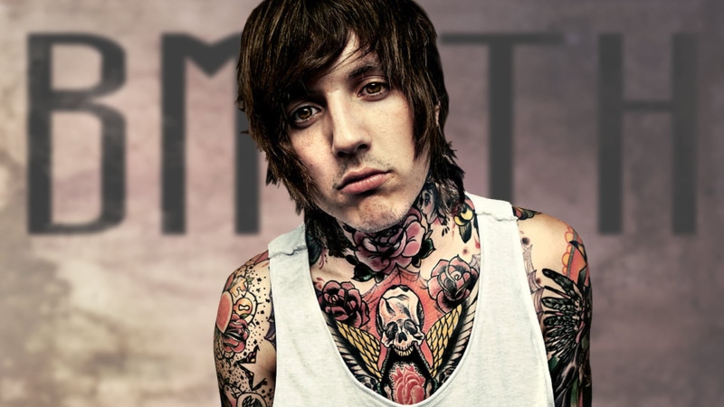 adult, text, top, standing, focus on foreground, tank, hair, lifestyles, front view, one person, young adult, men, Bring Me the Horizon, casual clothing