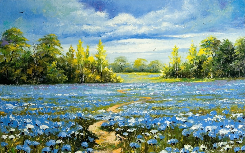 petaled, blue, flower, Painting, Oil, Landscape, 1080P