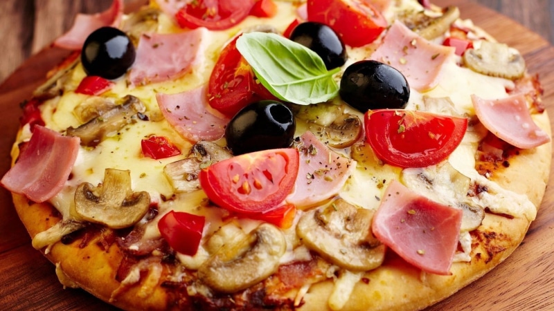 dishes, 1080P, tomatoes, mushroom, pizza, food