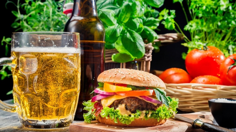 tomato, sandwich, vegetable, meat, freshness, no people, finger food, meal, table, hamburger, household equipment, food and drink, bun, beer glass, ready-to-eat