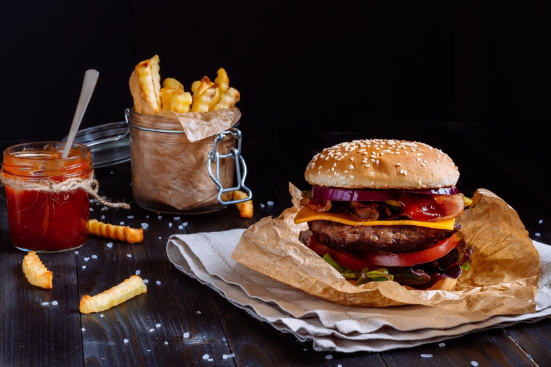 fast food, hamburger, salad, meat, Patty, fries, 4K, sauce, tomatoes, sandwich, bun