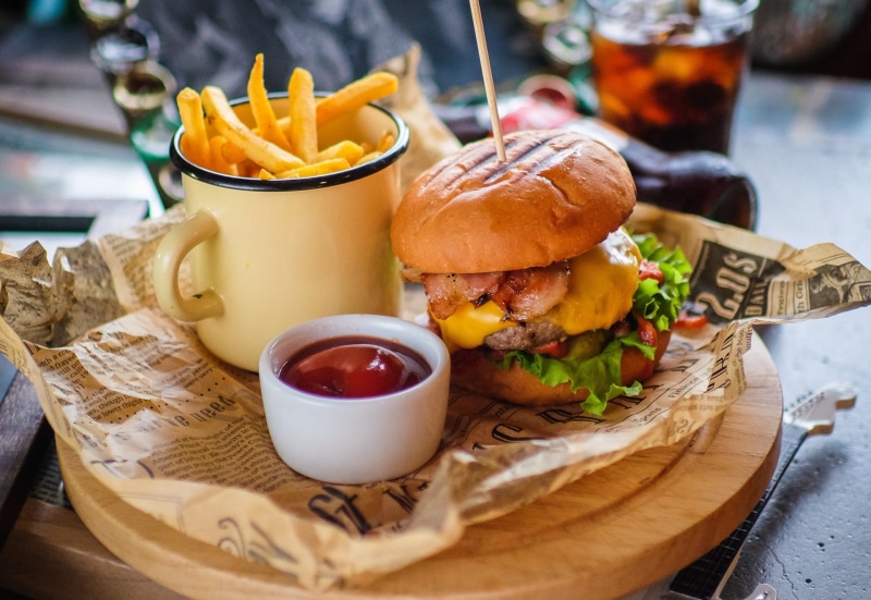 french fries, unhealthy eating, burger, food and drink, close-up, condiment, prepared potato, potato, ready-to-eat, ketchup, hamburger, snack, fried, no people