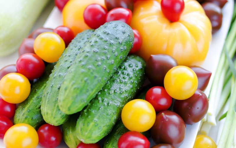Cucumber, Tomato, Food, tomatoes, zucchini, green, 1080P, cherry, Vegetables