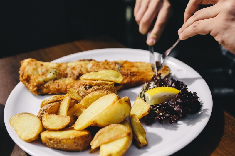 Fresh, Fish, reastaurant, close-up, deep fried, temptation, potatoest, kitchen utensil, snack, gourmet, cooked, ready-to-eat, food And Drink, hand, eating utensil