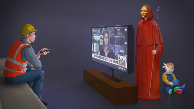 The Great Awakening, watching, computer, Illuminati, evil, propaganda, wireless technology, looking, adult, hat, cultist, technology, occupation, CNN, connection