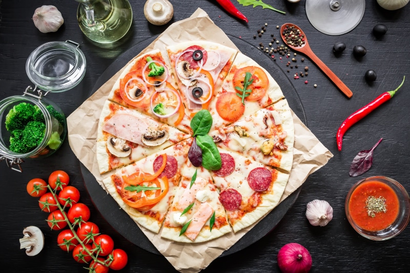 restaurant, cherry tomato, cheese, food and drink, tray, pizza, directly above, no people, freshness, basil, glass, ready-to-eat, food, tomato, 4K, high angle view