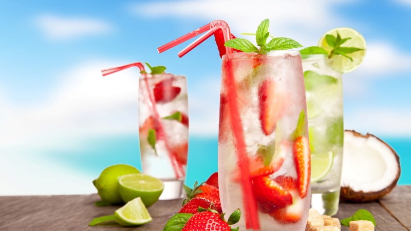 Fruits, Drinks, 4K, Cocktails, Strawberry, Lemon, Coconut, Summer, Cold, Mojito