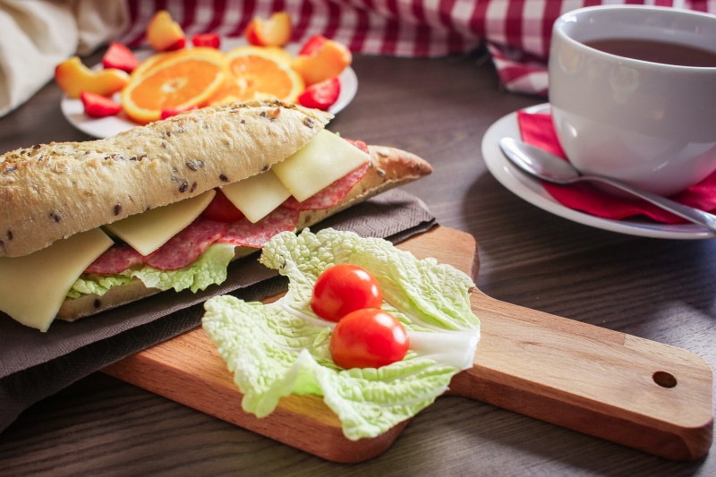 tomato, no people, orange, meal, red, food, plate, healthy, sandwich, table, cheese, hungry, crockery, food and drink, coffee, tea, Baguette, table knife