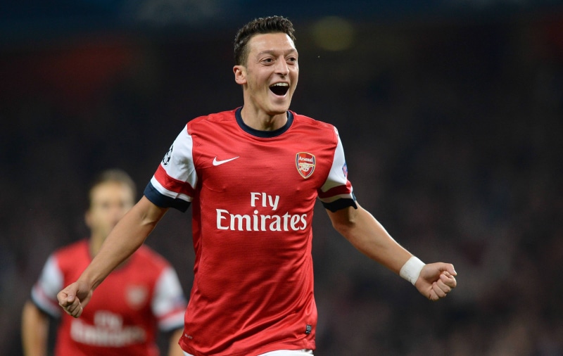 emotion, football, shirt, player, clothing, gunners, sports uniform, stadium, german, front view, waist up, competition, ozil, men, white, club, happiness