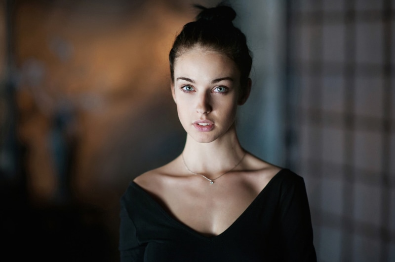 hair, fashion, portrait, focus on foreground, s, scoop, front view, top, 1080P, black, buns, dress, black dress, looking at camera, young adult, face