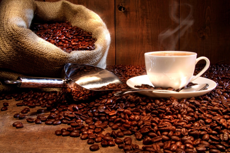 cup, 4K, coffee, sack, saucer, drink, spoon, grains, grain, scoop, hot