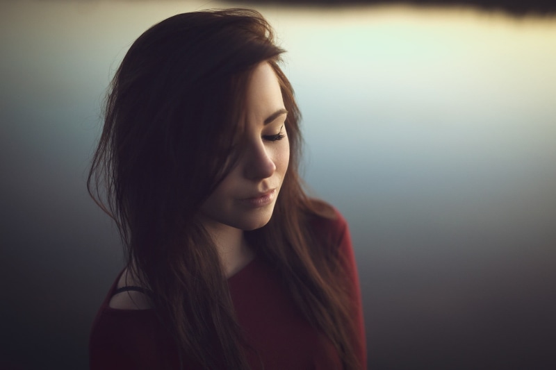 hair, studio shot, closed eyes, adult, brown hair, beautiful woman, portrait, long, neck, beauty, boat, headshot, depression - sadness, hairstyle, red