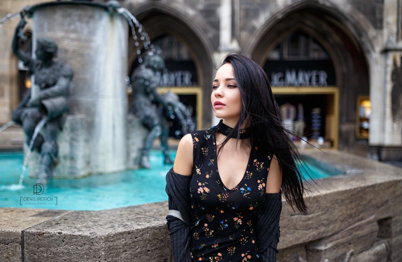 waist up, Denis Petrov, standing, black hair, hair, depth of field, Angelina Petrova, front view, 1080P, model, adult, looking away, young women, hairstyle