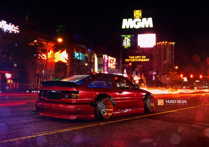 Nigth, Red, transportation, motion, mode of transportation, coupe, no people, Toyota, illuminated, AE86, Stance, 1080P, car, night, motor vehicle, architecture