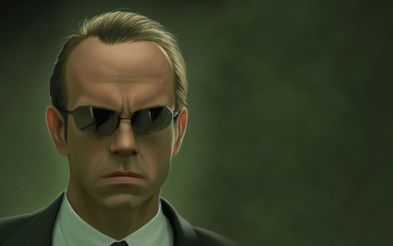 the matrix agent smith sunglasses hugo weaving simple background movies artwork suits tie villains reflection portrait, 2K