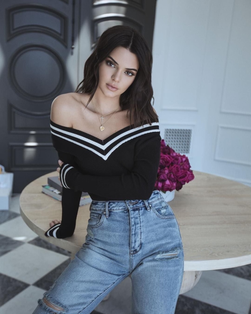 model, brunette, shoulder length hair, torn jeans, 720P, Kendall Jenner, indoors, women